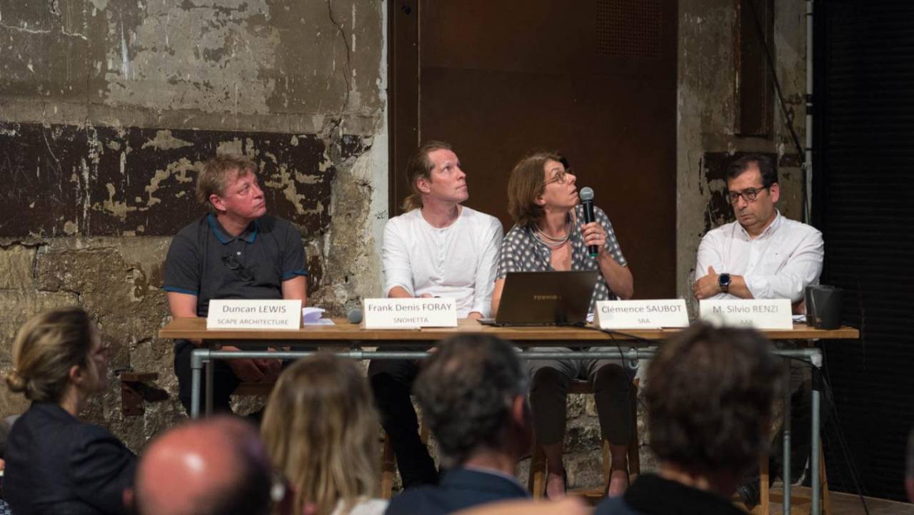 Snøhetta, Scape Architecture - SRA Architectes, et l’entreprise AAB  |  Ateliers 2/3/4/ - Christine Edeikins et Jean Mas - Delta Préfabrication, Romain Taïeb, Vinci Construction le 15 juin 2017, Maison de l’architecture IDF 
